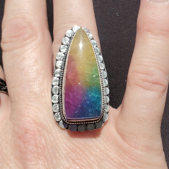 New Oversized Rainbow Solar Agate Quartz 925 Silver Statement Ring. - Picture 5 of 16